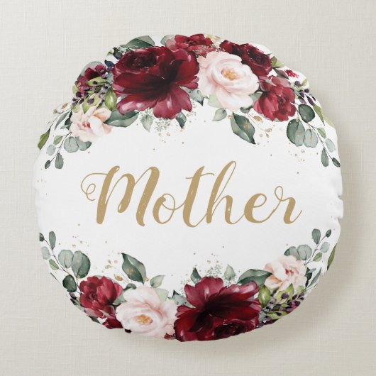 ブルゴーニュ赤面ピンクフローラ母ママ母の日 ラウンドクッション (正面)