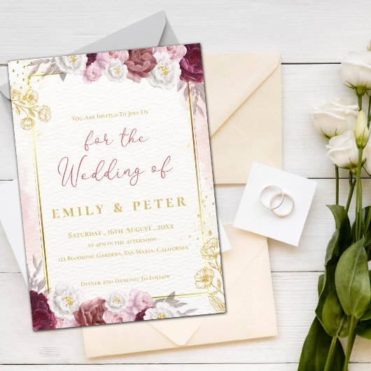 ブルゴーニュ赤面ピンクフローラ縁ど金ゴールド結婚ズ 招待状