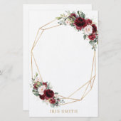 ブルゴーニュ赤面ピンクフローラ金ゴールド幾何学注記 便箋 (正面/裏面)