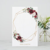 ブルゴーニュ赤面ピンクフローラ金ゴールド幾何学注記 便箋 (スタンド正面)