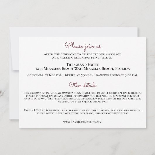 ブルゴーニュ赤面ピンクフローラ金ゴールド結婚すべて 招待状 (裏面)