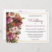 ブルゴーニュ赤面ピンクフローラ金ゴールド結婚すべて 招待状 (正面/裏面)