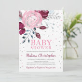 ブルゴーニュ赤面ピンクフローラ銀グリッターベビー 招待状 (スタンド正面)