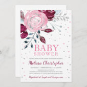 ブルゴーニュ赤面ピンクフローラ銀グリッターベビー 招待状 (正面/裏面)