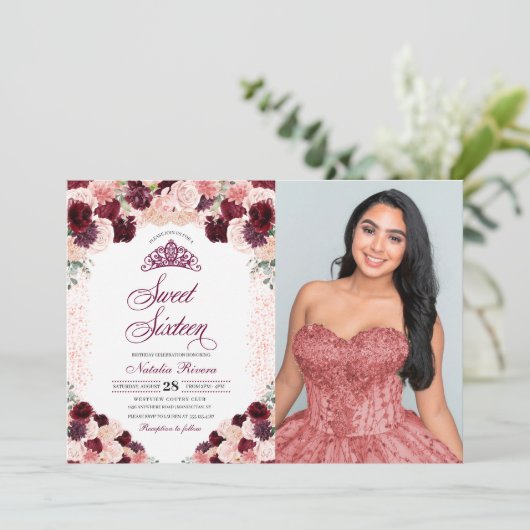 ブルゴーニュ赤面ピンクフローラSweet sixteen誕生日 招待状 (スタンド正面)