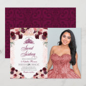 ブルゴーニュ赤面ピンクフローラSweet sixteen誕生日 招待状 (正面/裏面)