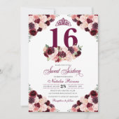 ブルゴーニュ赤面ピンクフローラSweet sixteen誕生日 招待状 (正面)