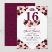 ブルゴーニュ赤面ピンクフローラSweet sixteen誕生日 招待状 (正面/裏面)