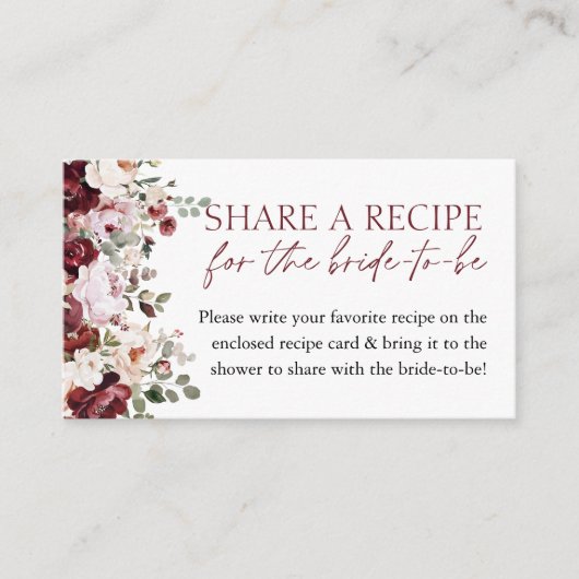 ブルゴーニュ赤面ピンクブライダルシャワーレシピ要求 エンクロージャーカード (正面)