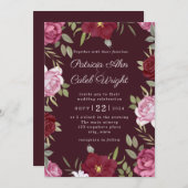 ブルゴーニュ赤面ピンクレッドローゼス結婚式招待状 (正面/裏面)