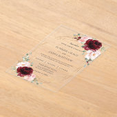 ブルゴーニュ赤面ピンクローズフローラジオメトリック結婚ス アクリル招待状 (レイダウン)