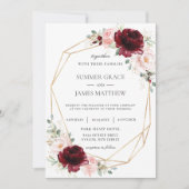 ブルゴーニュ赤面ピンクローズフローラジオメトリック結婚ス 招待状 (正面)