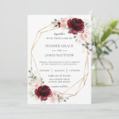 ブルゴーニュ赤面ピンクローズフローラジオメトリック結婚ス 招待状 (スタンド正面)