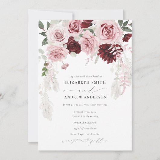 ブルゴーニュ赤面ピンクローズフローラ写真結婚の写真 招待状 (正面)