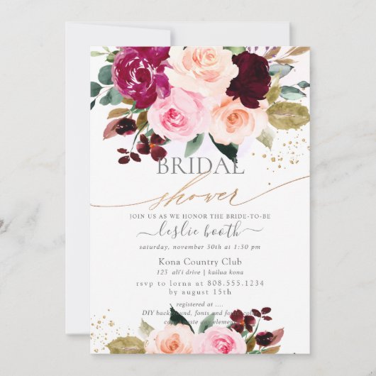 ブルゴーニュ赤面ピンクローズブライダルシャワー 招待状 (正面)