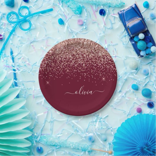 ブルゴーニュ赤面ピンクローズ金ゴールドグリッターモノグラム ペーパープレート (パーティー)