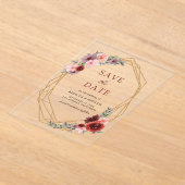 ブルゴーニュ赤面ピンクローゼウディングザデイトを保存 アクリル招待状 (レイダウン)