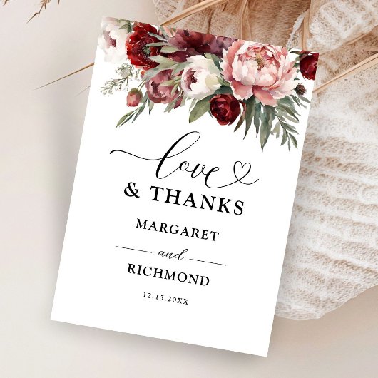 ブルゴーニュ赤面ピンク結婚フローラのサンキューカード サンキューカード