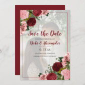 ブルゴーニュ赤面ピンク結婚フローラの救デート写真 招待状 (正面/裏面)