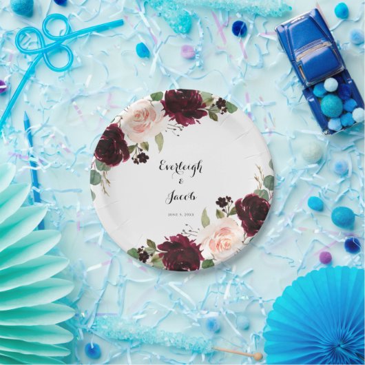 ブルゴーニュ赤面ピンク結婚フローラ ペーパープレート (パーティー)