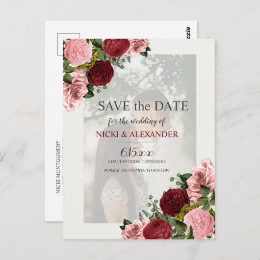 ブルゴーニュ赤面ピンク色あせ結婚写真の日付 ポストカード (正面/裏面)