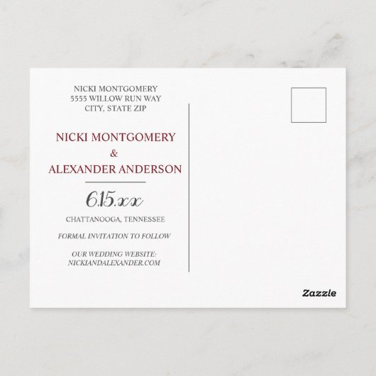 ブルゴーニュ赤面ピンク色あせ結婚写真の日付 ポストカード (裏面)