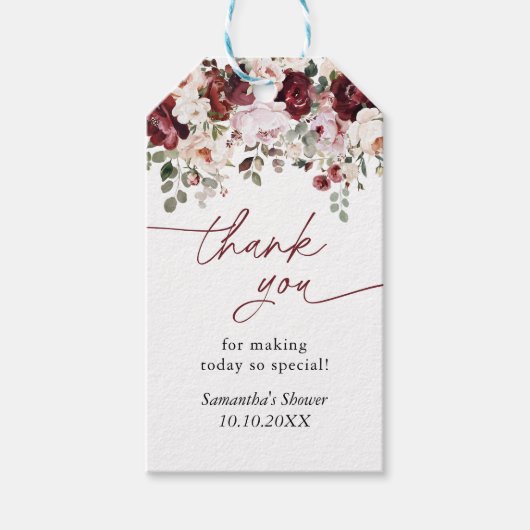 ブルゴーニュ赤面ピンク花シャワーサンキュー ギフトタグ (正面)