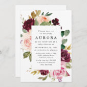 ブルゴーニュ赤面ピンク金ゴールドフローラボホベイビーシャワー 招待状 (正面/裏面)