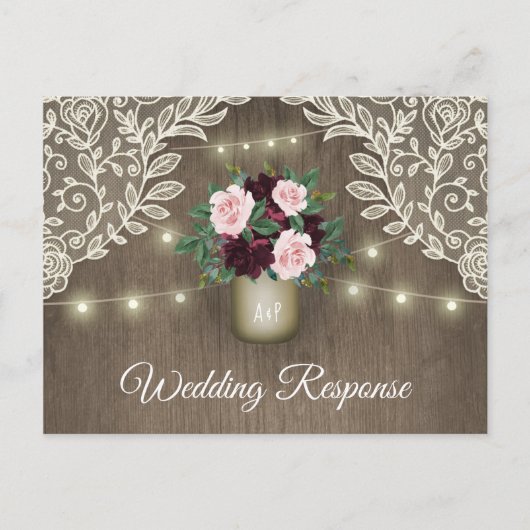 ブルゴーニュ赤面ピンク金ゴールドメイスンジャールウェディングRSVP インビテーションポストカード (正面)