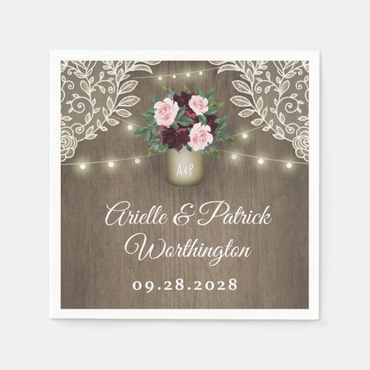 ブルゴーニュ赤面ピンク金ゴールドメイスンジャールヴィンテージウェディング スタンダードカクテルナプキン (正面)