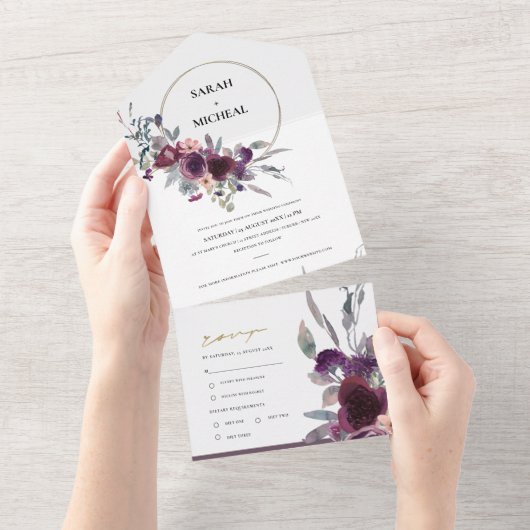 ブルゴーニュ赤面ピーチグリーングレーフローラリース オールインワン招待状 (貼ってはがせる)