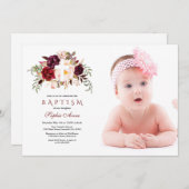 ブルゴーニュ赤面フラワークロス写真バプテスマ 招待状 (正面/裏面)