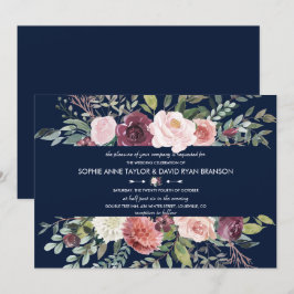 ブルゴーニュ赤面フラワーズネイビー結婚ブルー 招待状