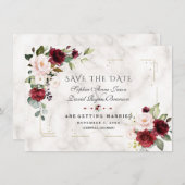 ブルゴーニュ赤面フラワーズ金ゴールドグリッター結婚マーブルズ セーブザデート (正面/裏面)