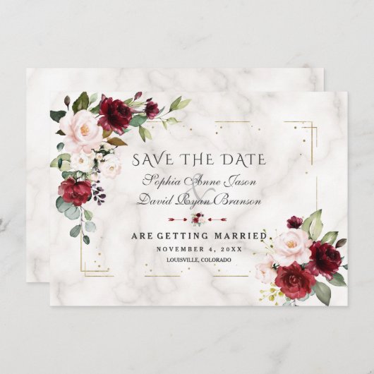 ブルゴーニュ赤面フラワーズ金ゴールドグリッター結婚マーブルズ セーブザデート (正面/裏面)