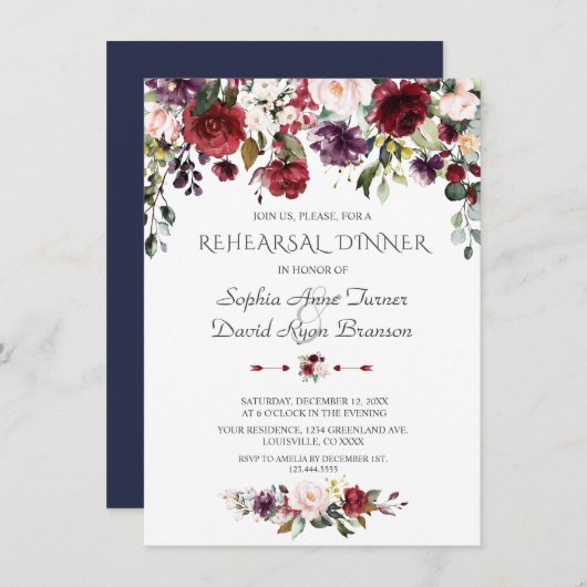 ブルゴーニュ赤面フラワーネイビーブルーリハーサルディナー 招待状 (正面/裏面)