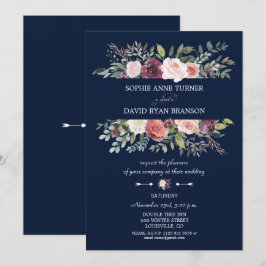 ブルゴーニュ赤面フラワーフレームNavy 結婚 Blue's 招待状