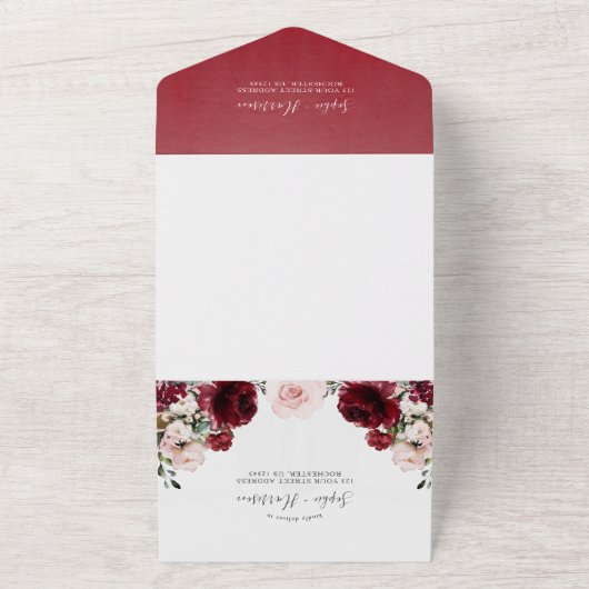 ブルゴーニュ赤面フローラと金ゴールド幾何結婚物 オールインワン招待状 (外側)