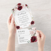 ブルゴーニュ赤面フローラと金ゴールド幾何結婚物 オールインワン招待状 (貼ってはがせる)