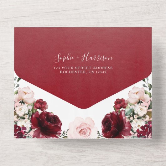 ブルゴーニュ赤面フローラと金ゴールド幾何結婚物 オールインワン招待状 (裏面)