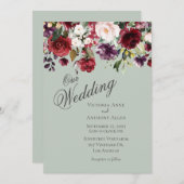 ブルゴーニュ赤面フローラウォーターカラーグリーン結婚ズ 招待状 (正面/裏面)