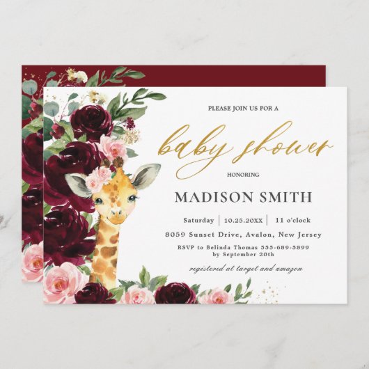 ブルゴーニュ赤面フローラキリン赤ちゃんシャワー 招待状 (正面/裏面)
