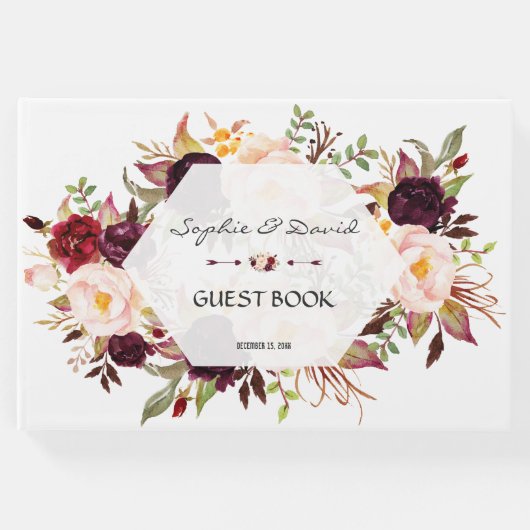 ブルゴーニュ赤面フローラジオメトリックネイビーゲストブック ゲストブック (正面)