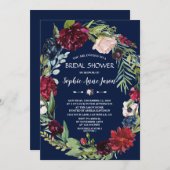 ブルゴーニュ赤面フローラダークブルーブライダルシャワー 招待状 (正面/裏面)