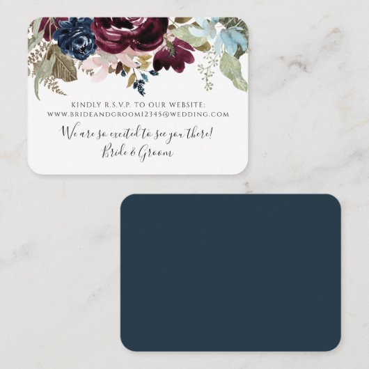 ブルゴーニュ赤面フローラネイビーエレガントリーフ結婚ズ 名刺 (正面/裏面)