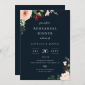 ブルゴーニュ赤面フローラネイビーブルーリハーサルディナー 招待状 (正面/裏面)