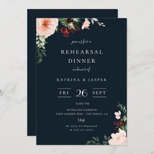 ブルゴーニュ赤面フローラネイビーブルーリハーサルディナー 招待状 (正面/裏面)