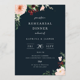 ブルゴーニュ赤面フローラネイビーブルーリハーサルディナー 招待状
