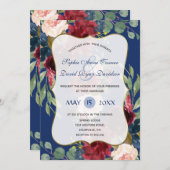 ブルゴーニュ赤面フローラネイビーブルー金ゴールド結婚ズ 招待状 (正面/裏面)