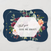 ブルゴーニュ赤面フローラネイビー与えが私を遠くに見る 招待状 (正面/裏面)